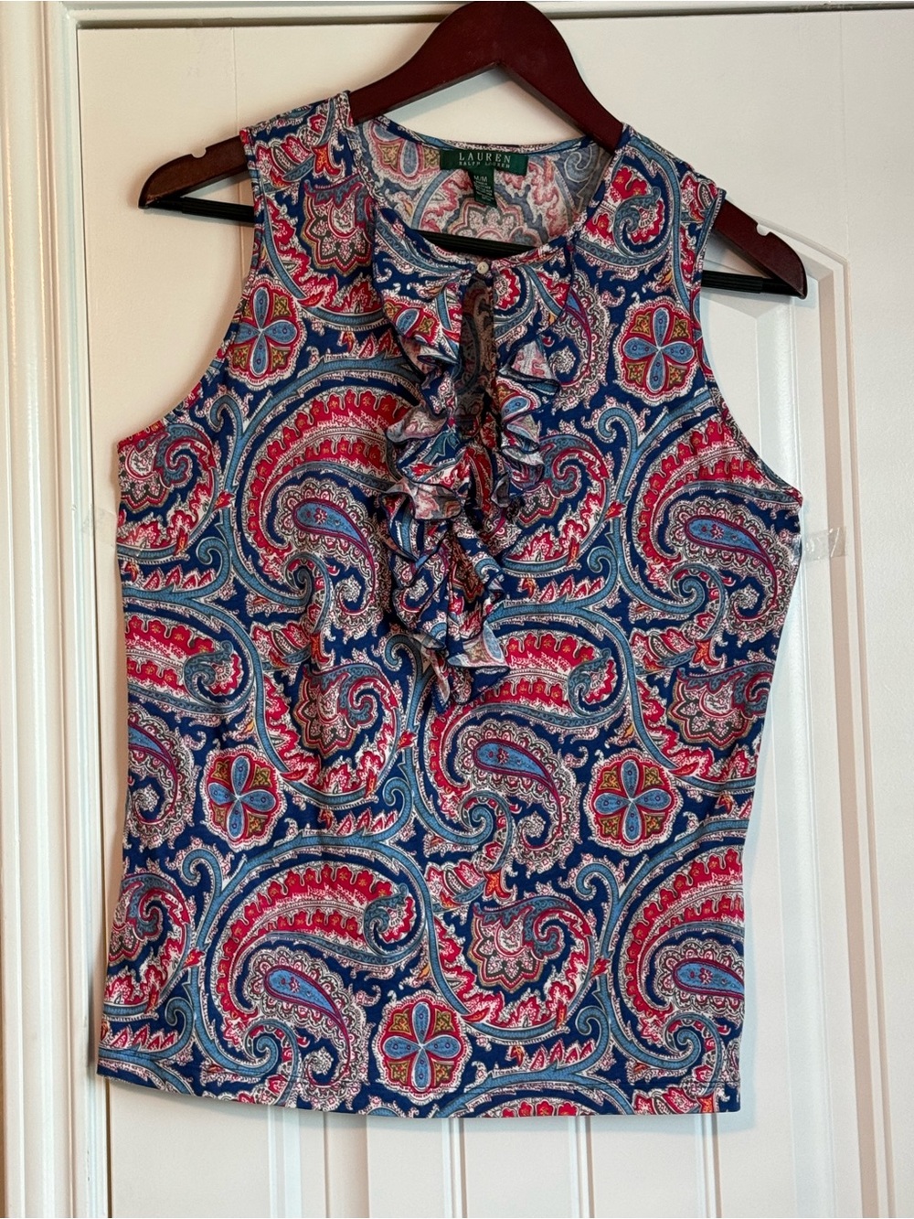 Lauren Ralph Lauren Multicolor Paisley Cotton Tank Top Ruffle Front - Size M